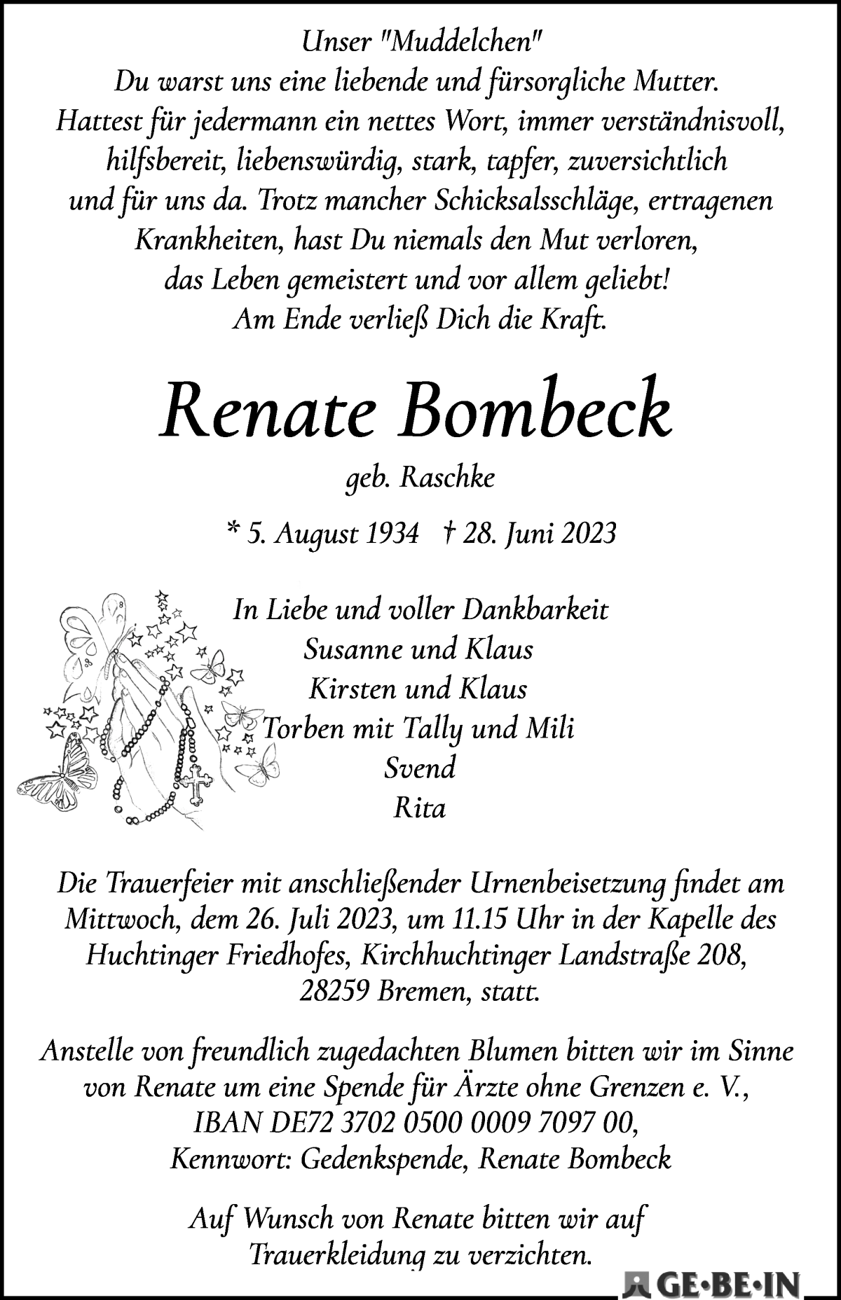 Traueranzeige von Renate Bombeck von WESER-KURIER