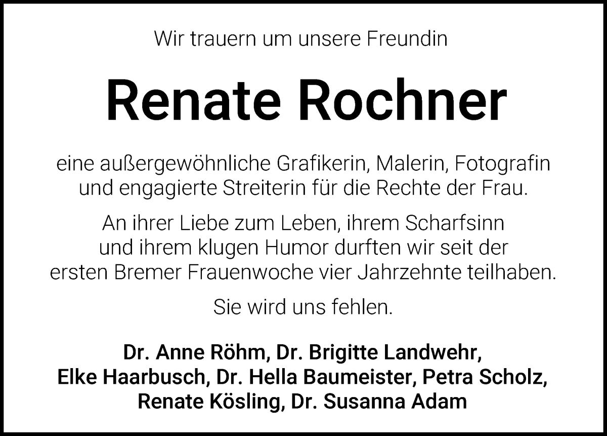 Traueranzeige von Renate Rochner von WESER-KURIER