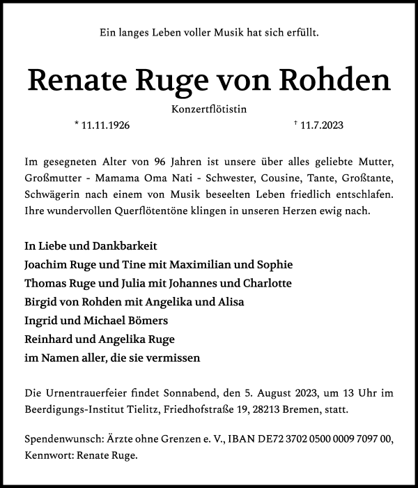 Traueranzeige von Renate Ruge von Rohden