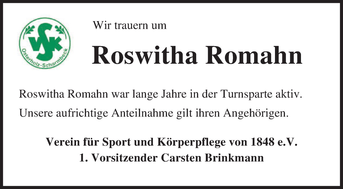 Traueranzeige von Roswitha Romahn von Osterholzer Kreisblatt