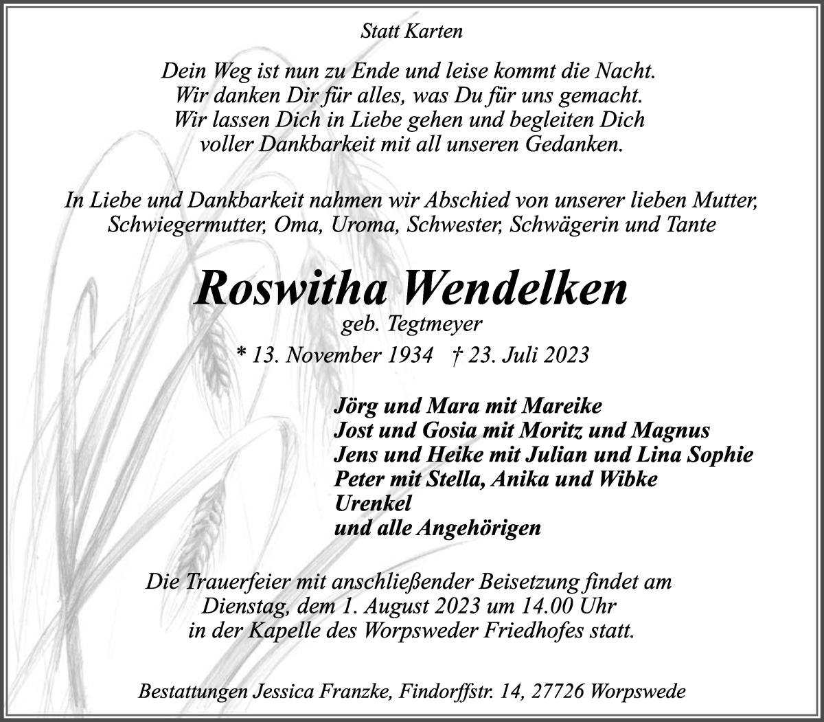 Traueranzeige von Roswitha Wendelken von Wuemme Zeitung