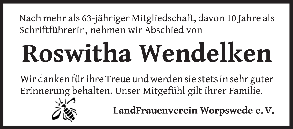 Traueranzeige von Roswitha Wendelken von Wuemme Zeitung