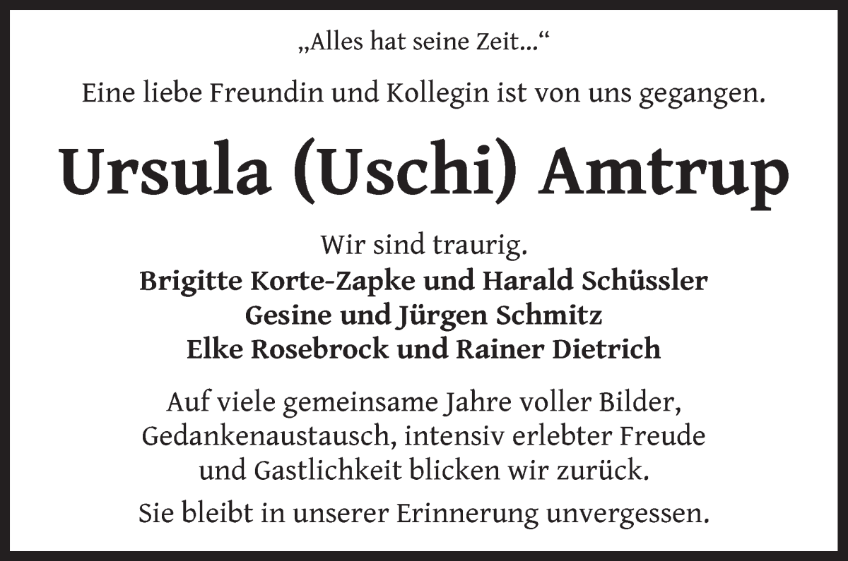 Traueranzeige von Ursula (Uschi) Amtrup von WESER-KURIER