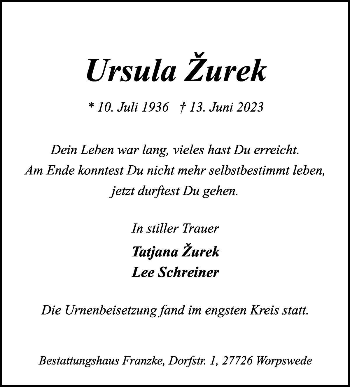 Traueranzeige von Ursula Žurek von Wuemme Zeitung