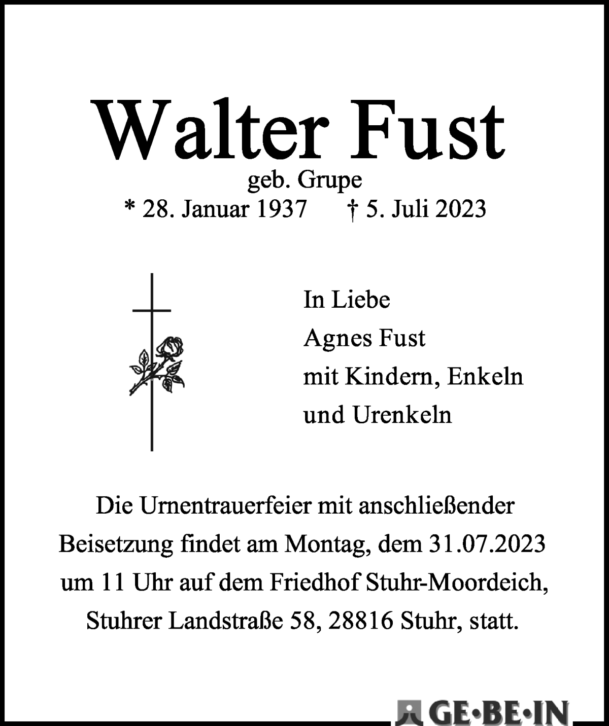 Traueranzeige von Walter Fust von WESER-KURIER