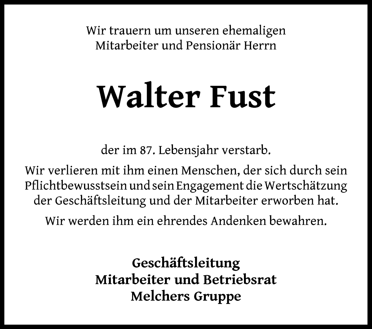 Traueranzeige von Walter Fust von WESER-KURIER