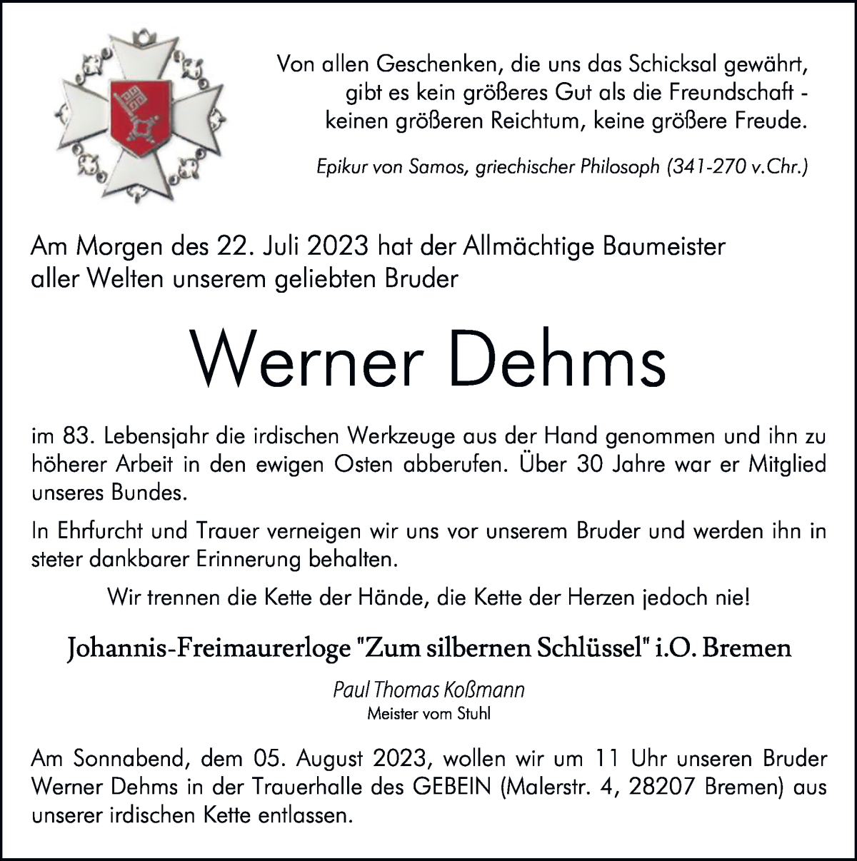 Traueranzeige von Werner Dehms von WESER-KURIER
