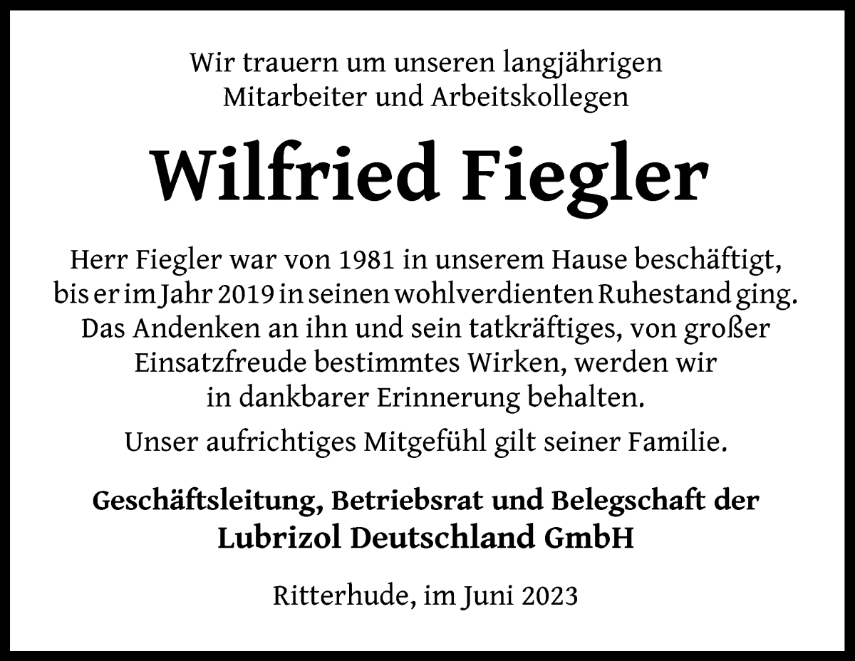 Traueranzeige von Wilfried Fiegler von Osterholzer Kreisblatt