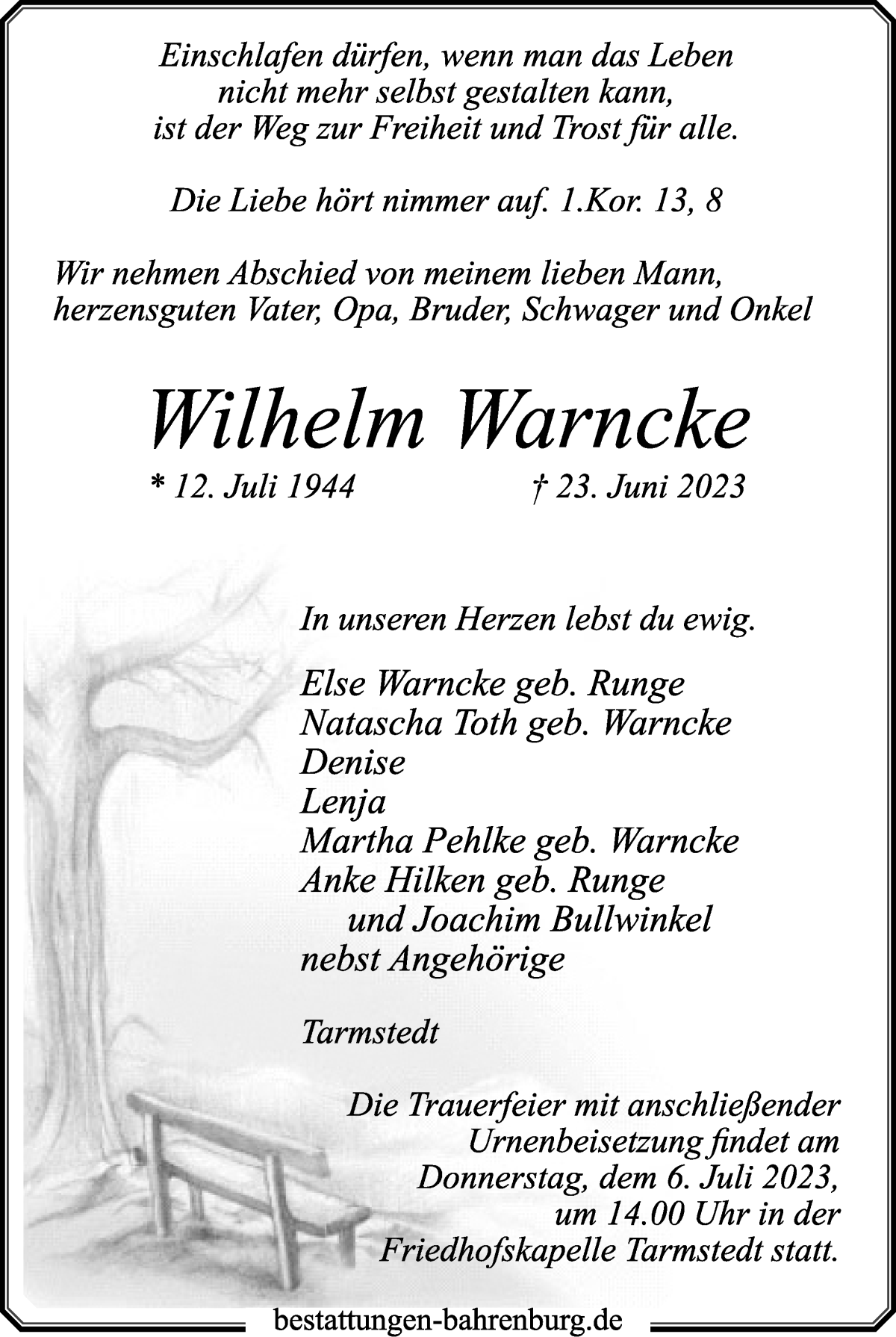 Traueranzeige von Wilhelm Warncke von Wuemme Zeitung