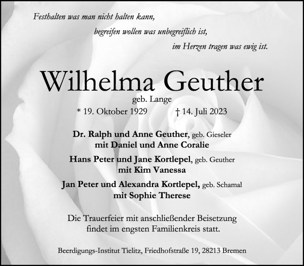 Traueranzeige von Wilhelma Geuther