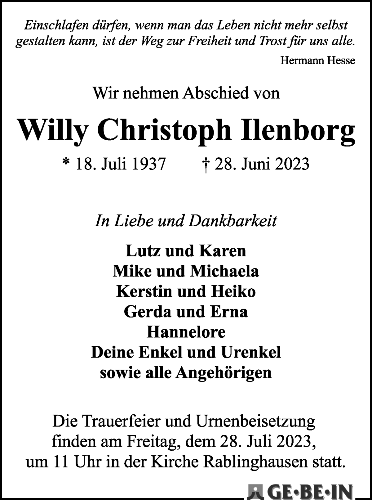 Traueranzeige von Willy Christoph Ilenborg von WESER-KURIER