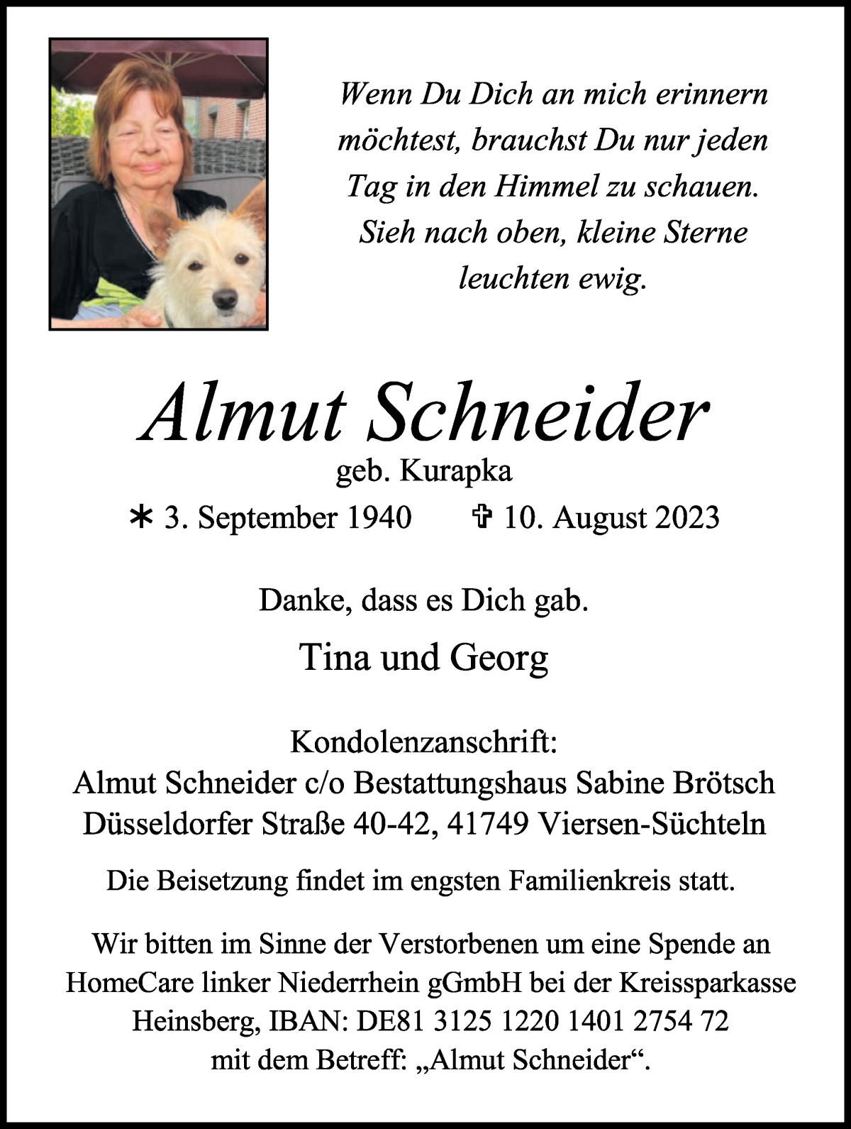  Traueranzeige für Almut Schneider vom 19.08.2023 aus WESER-KURIER
