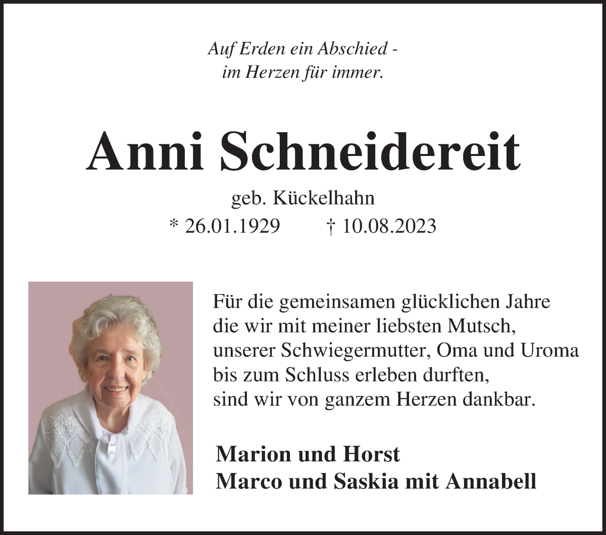 Traueranzeige von Anni Schneidereit von Die Norddeutsche