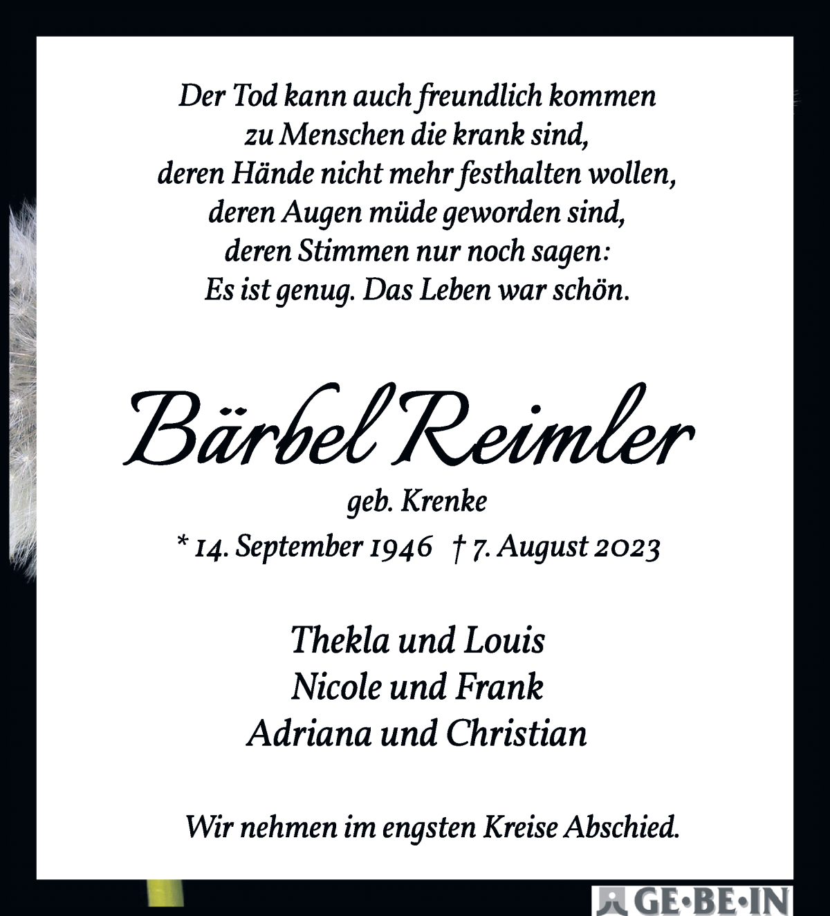 Traueranzeige von Bärbel Reimler von WESER-KURIER