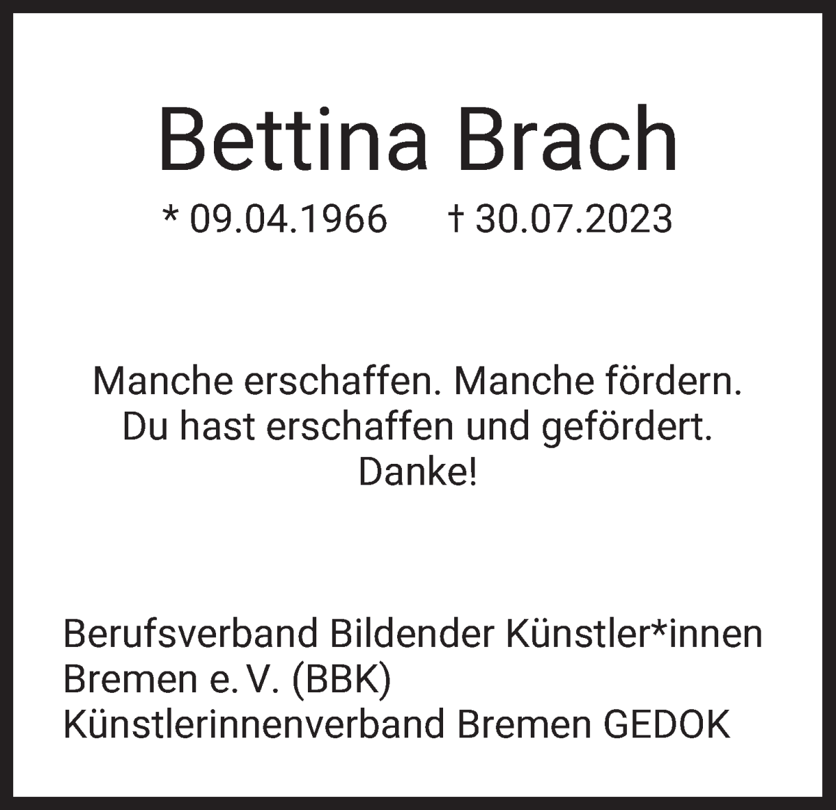  Traueranzeige für Bettina Brach vom 05.08.2023 aus WESER-KURIER