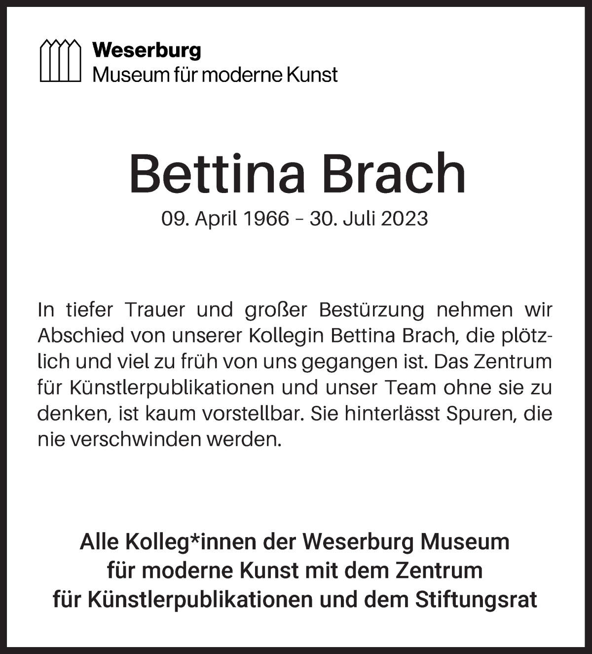  Traueranzeige für Bettina Brach vom 05.08.2023 aus WESER-KURIER