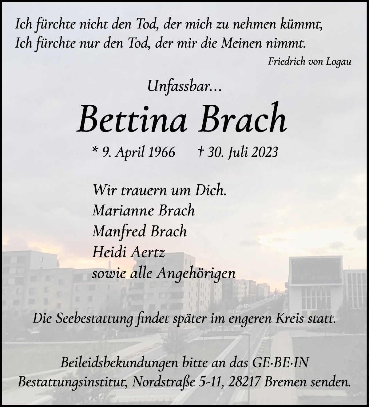  Traueranzeige für Bettina Brach vom 05.08.2023 aus WESER-KURIER