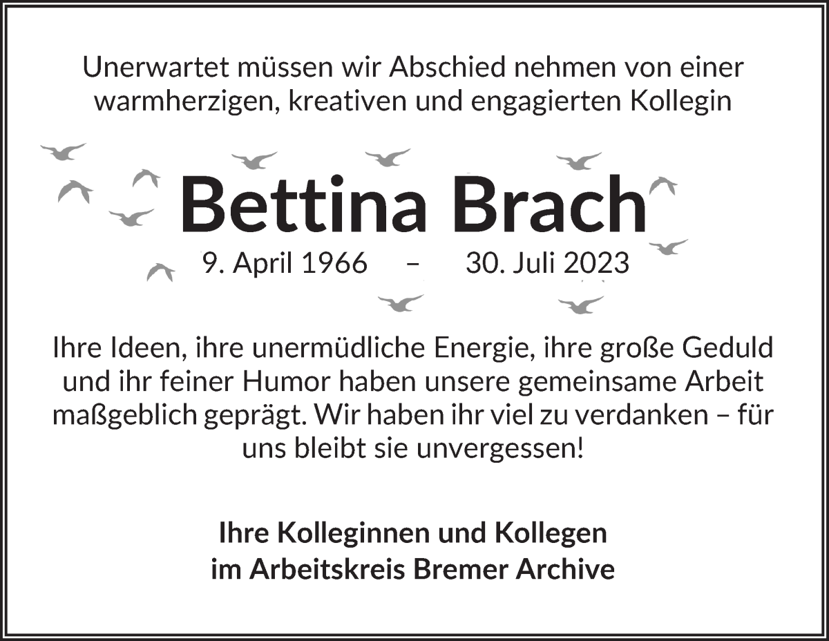  Traueranzeige für Bettina Brach vom 05.08.2023 aus WESER-KURIER