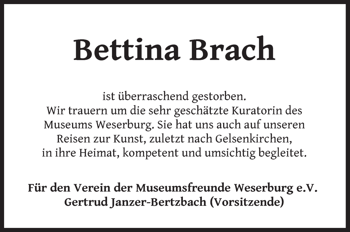  Traueranzeige für Bettina Brach vom 05.08.2023 aus WESER-KURIER