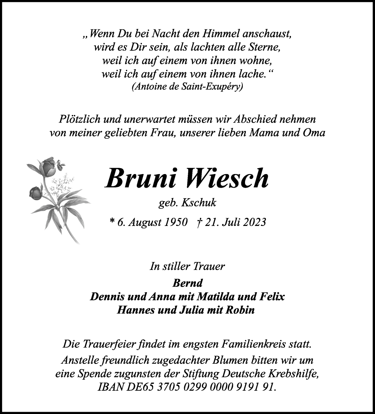  Traueranzeige für Bruni Wiesch vom 02.08.2023 aus Achimer Kurier/Verdener Nachrichten
