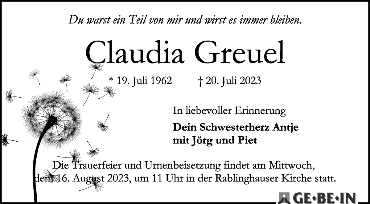Traueranzeige von Claudia Greuel von WESER-KURIER
