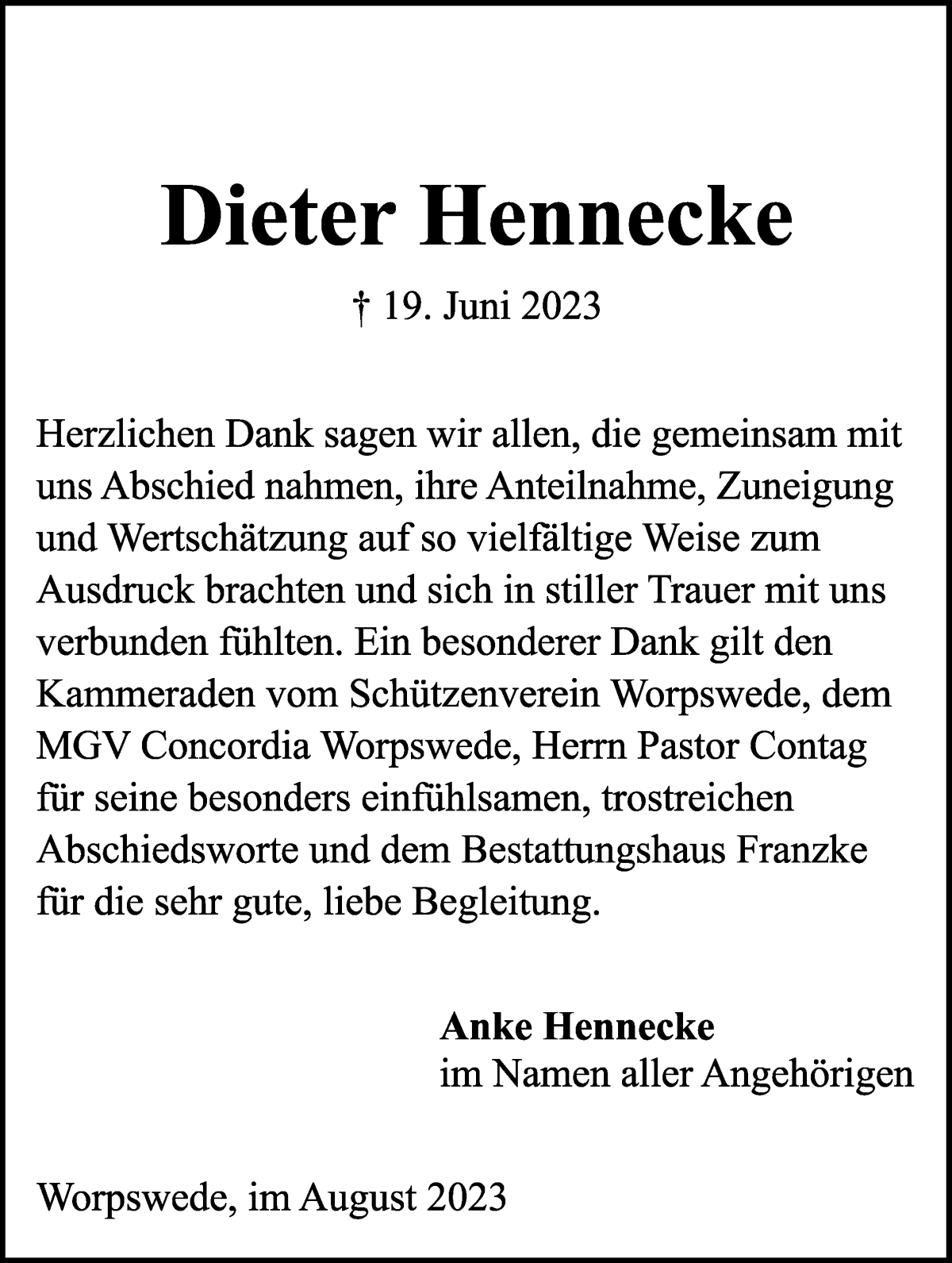 Traueranzeige von Dieter Hennecke von Wuemme Zeitung