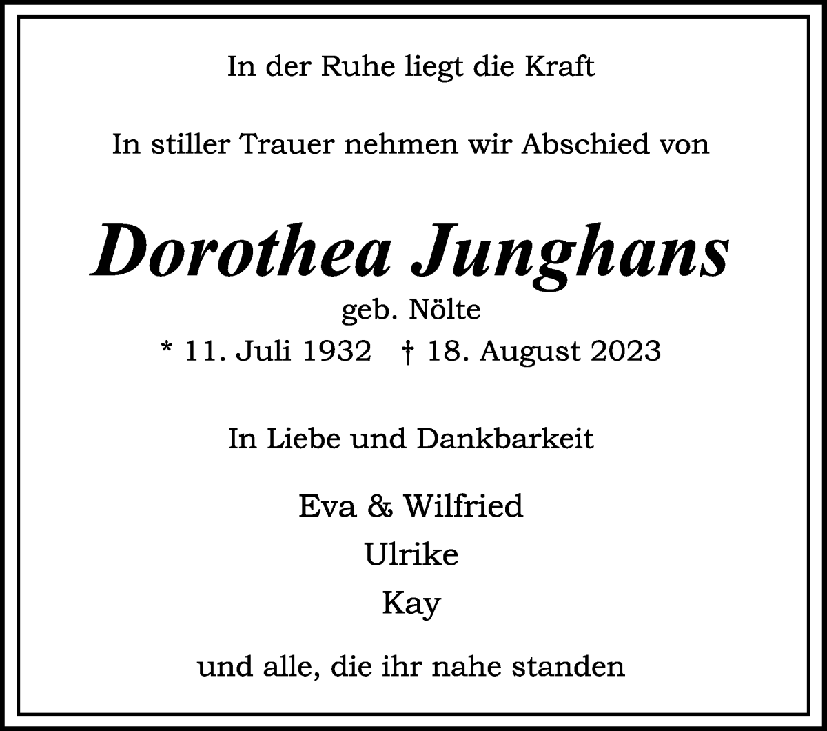 Traueranzeigen von Dorothea Junghans Trauer Gedenken