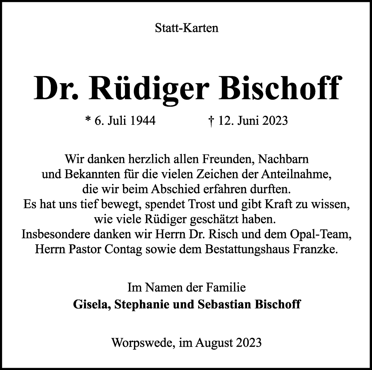 Traueranzeige von Dr. Rüdiger Bischoff von Wuemme Zeitung