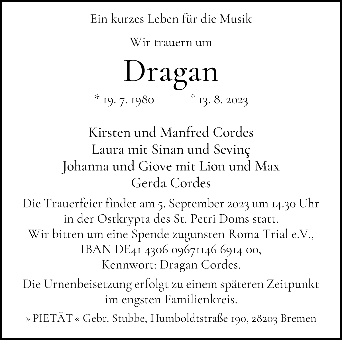  Traueranzeige für Dragan Cordes vom 26.08.2023 aus WESER-KURIER