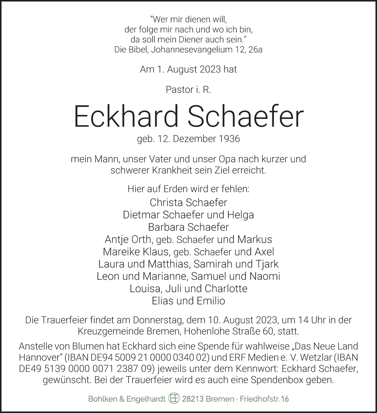  Traueranzeige für Eckhard Schaefer vom 05.08.2023 aus WESER-KURIER