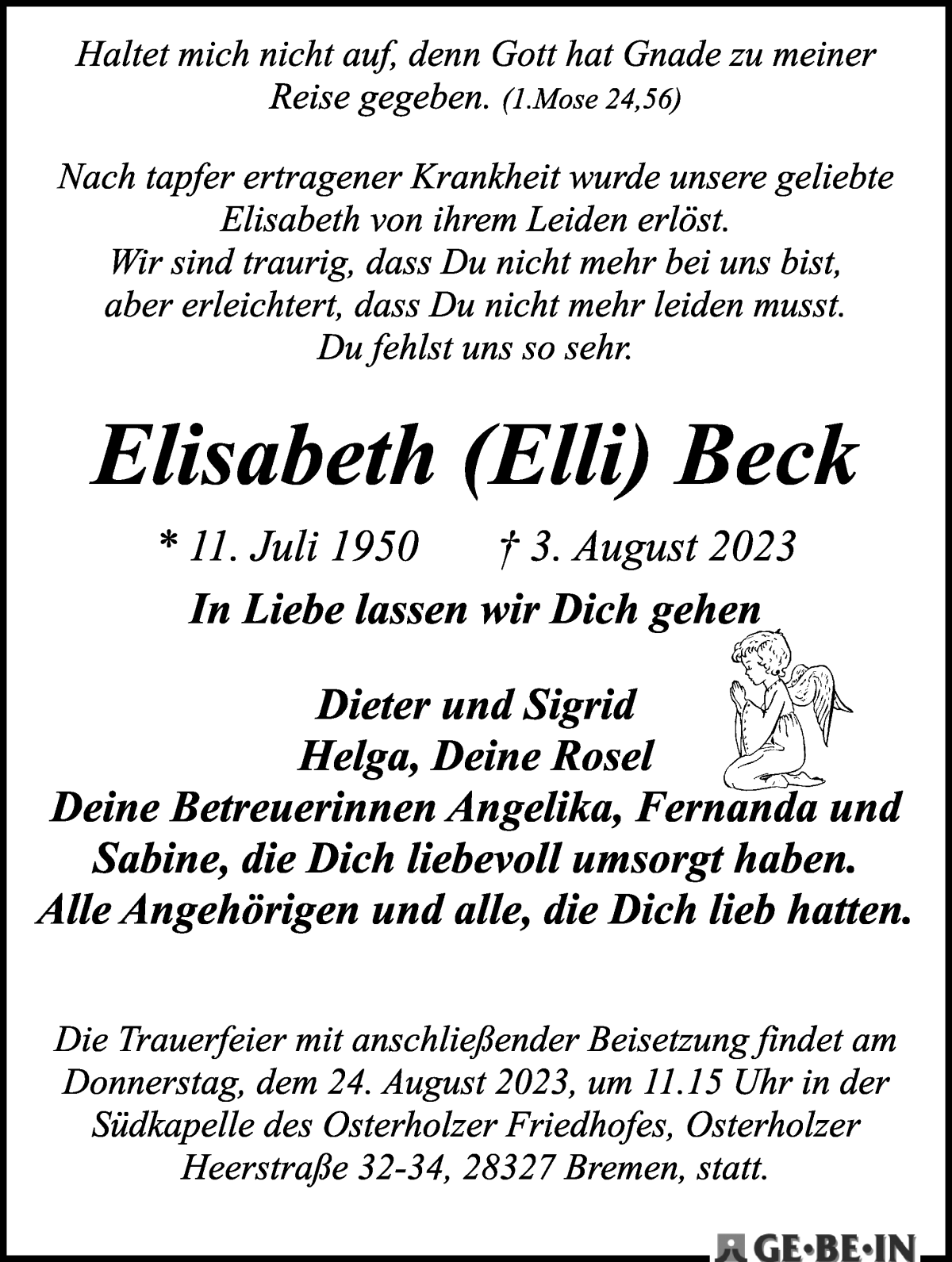 Traueranzeige von Elisabeth (Elli) Beck von WESER-KURIER