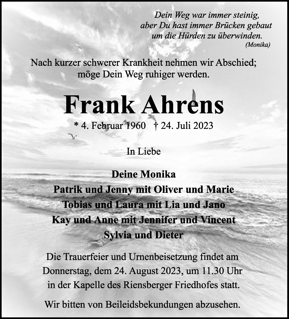  Traueranzeige für Frank Ahrens vom 12.08.2023 aus WESER-KURIER
