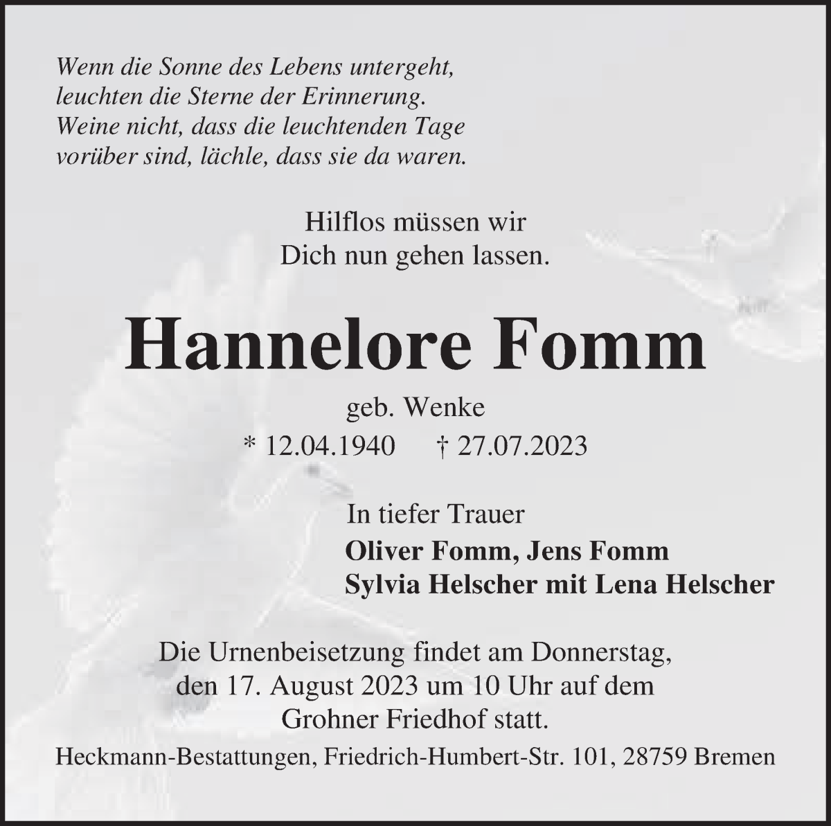 Traueranzeige von Hannelore Fomm von Die Norddeutsche