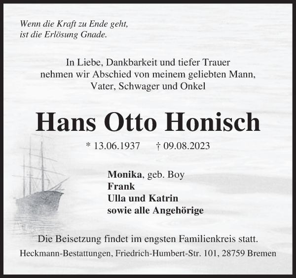 Traueranzeige von Hans Otto Honisch