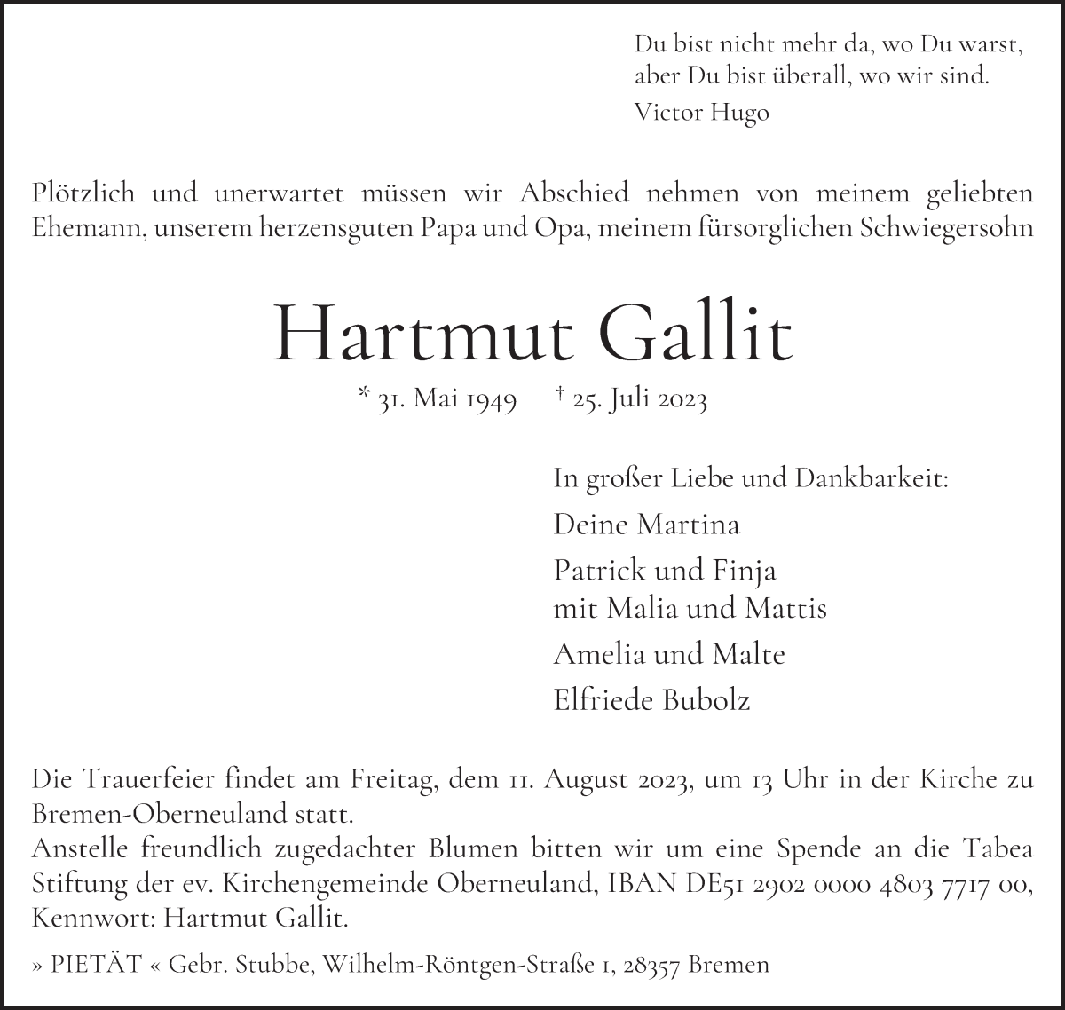 Traueranzeige von Hartmut Gallit von WESER-KURIER