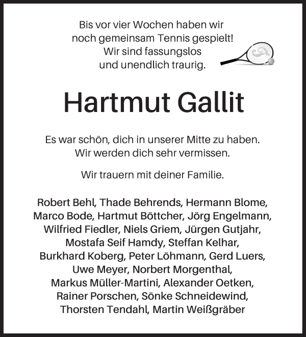 Traueranzeige von Hartmut Gallit