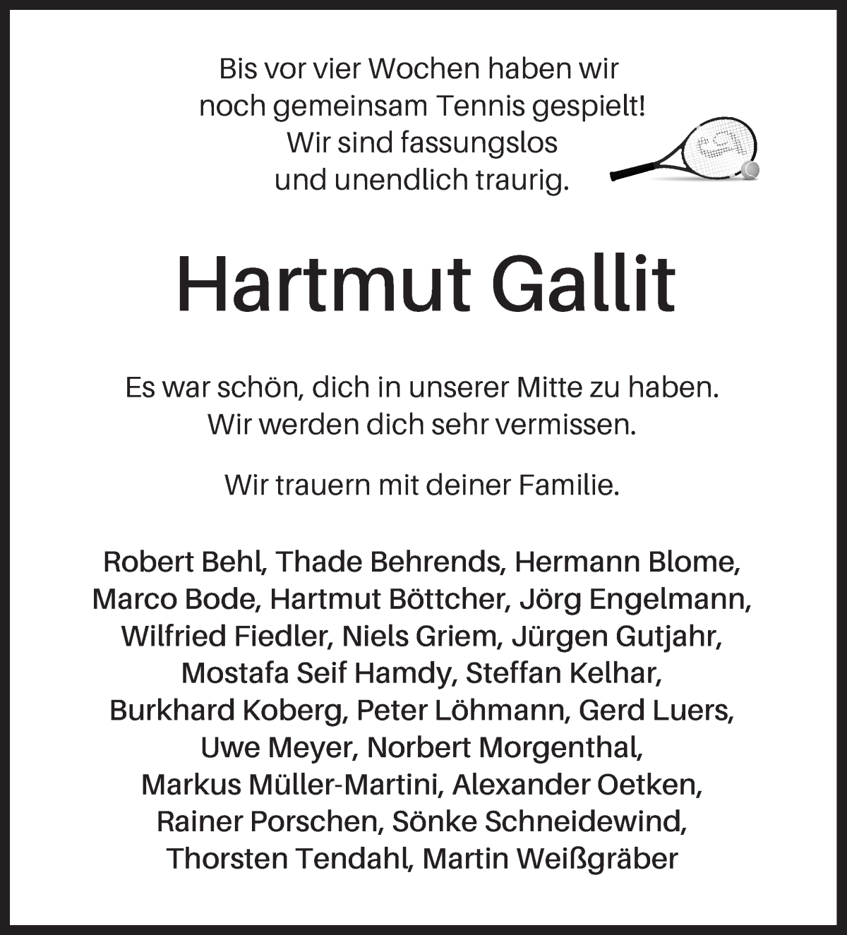 Traueranzeige von Hartmut Gallit von WESER-KURIER