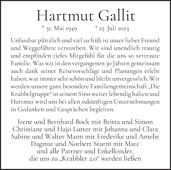 Traueranzeige von Hartmut Gallit