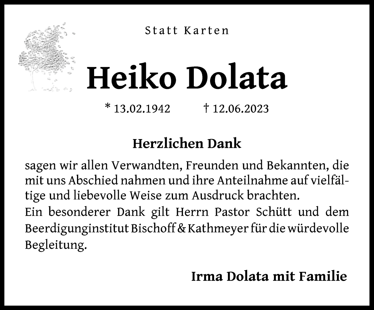 Traueranzeige von Heiko Dolata von Die Norddeutsche