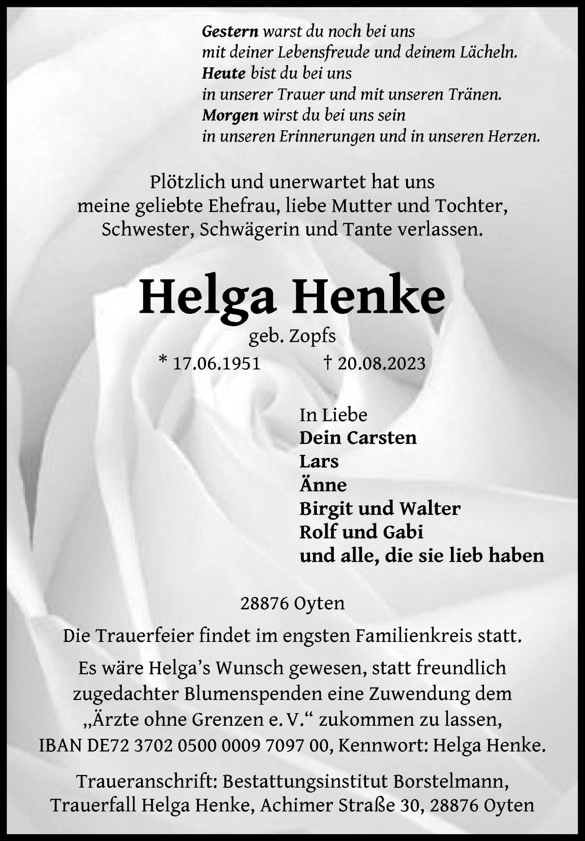  Traueranzeige für Helga Henke vom 26.08.2023 aus WESER-KURIER