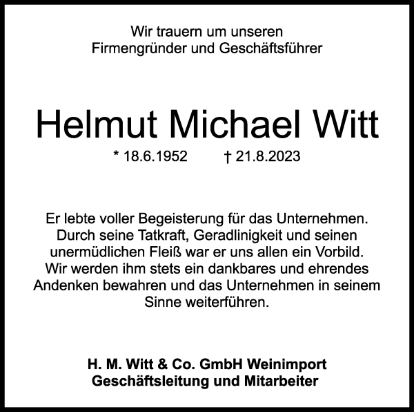 Traueranzeige von Helmut Michael Witt