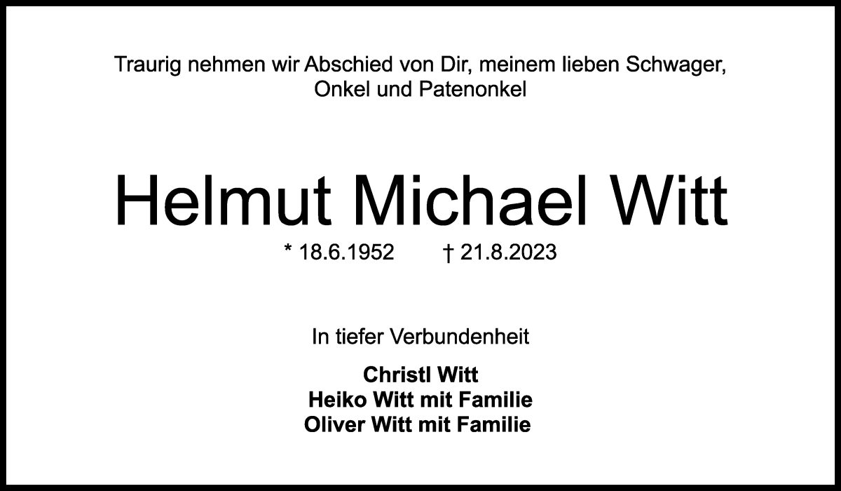  Traueranzeige für Helmut Michael Witt vom 26.08.2023 aus WESER-KURIER
