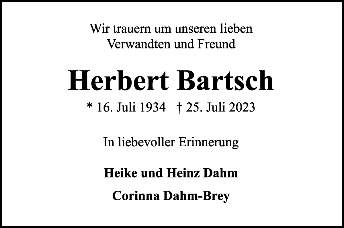  Traueranzeige für Herbert Bartsch vom 05.08.2023 aus WESER-KURIER