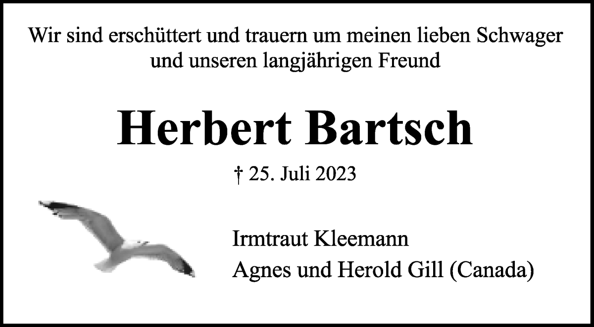  Traueranzeige für Herbert Bartsch vom 05.08.2023 aus WESER-KURIER