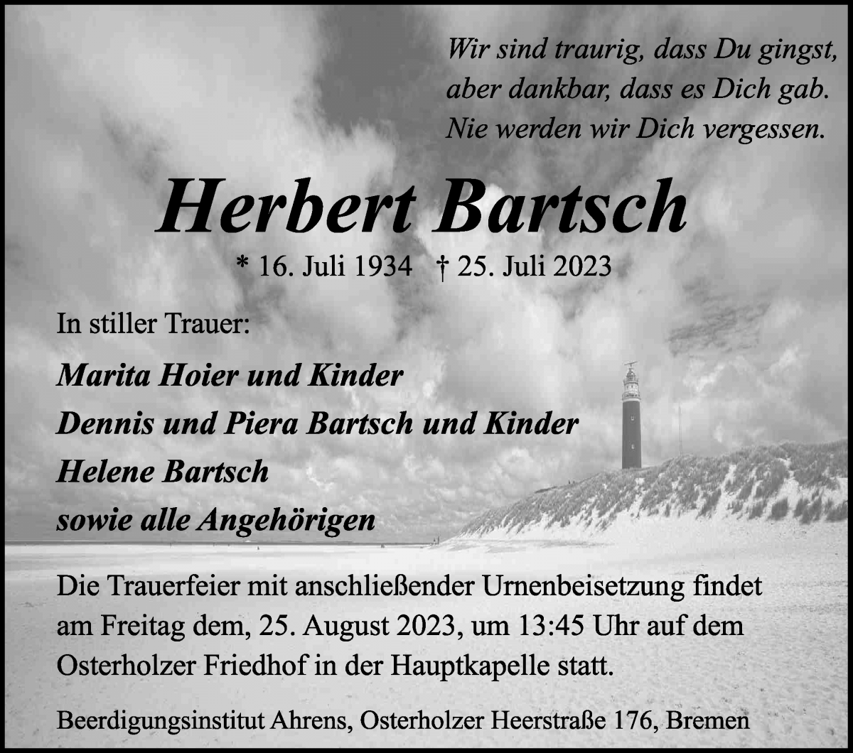  Traueranzeige für Herbert Bartsch vom 05.08.2023 aus WESER-KURIER