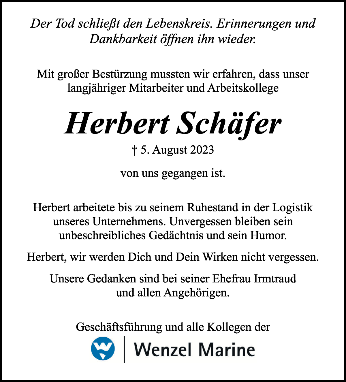 Traueranzeige von Herbert Schäfer von WESER-KURIER