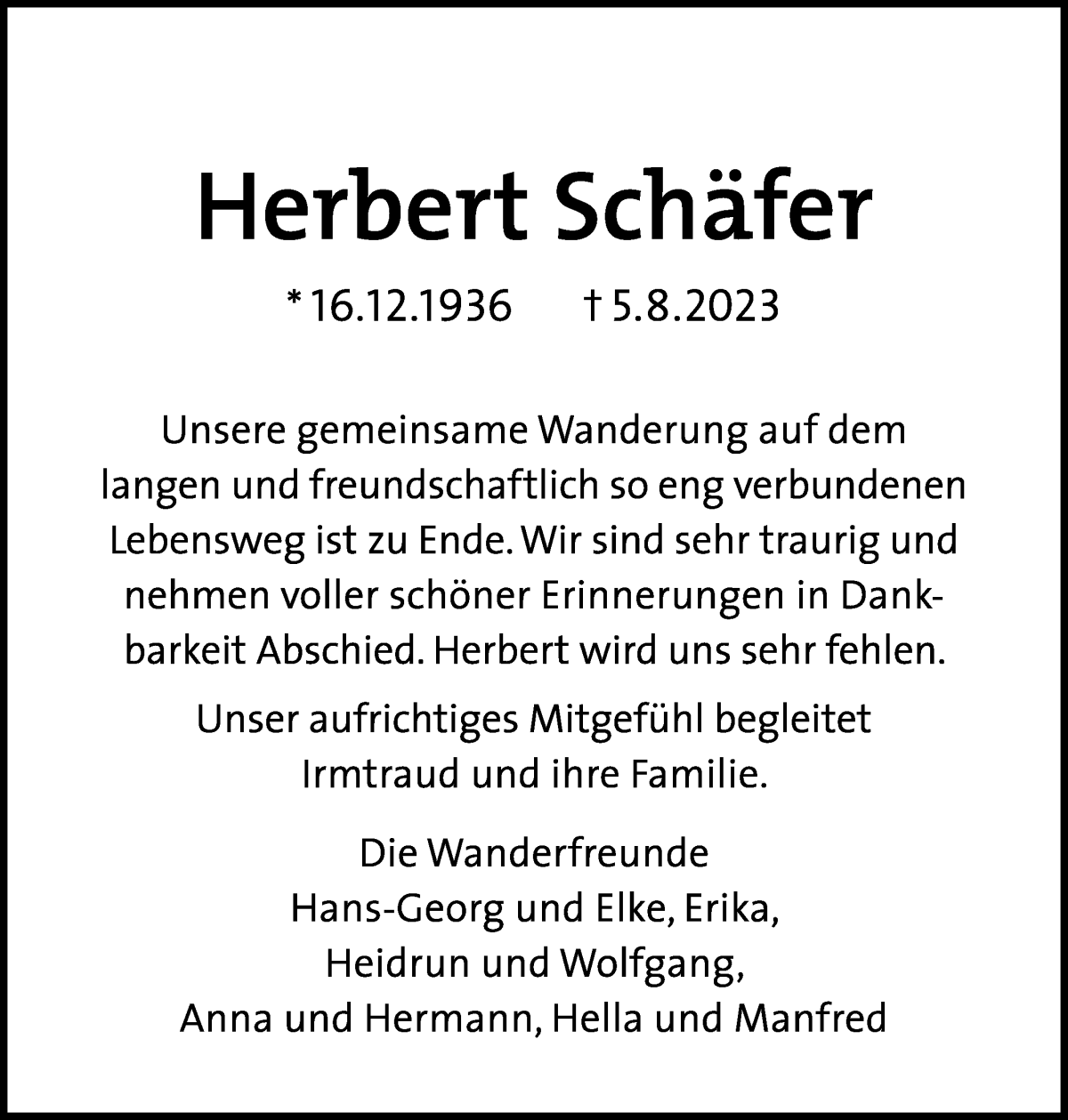Traueranzeige von Herbert Schäfer von WESER-KURIER
