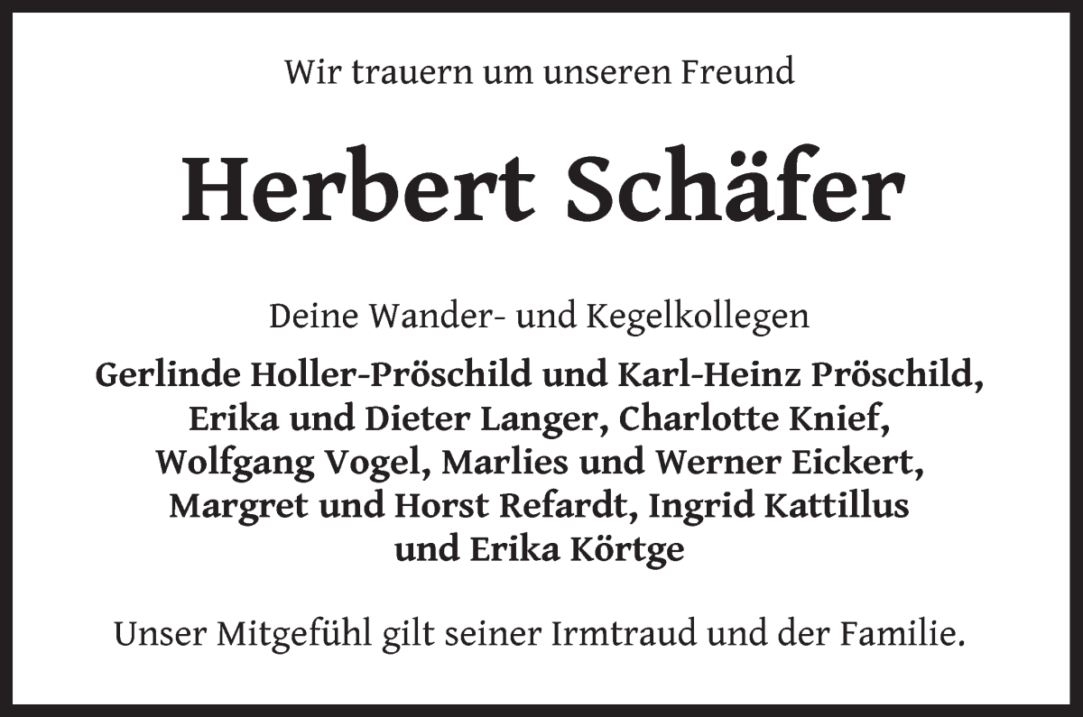 Traueranzeige von Herbert Schäfer von WESER-KURIER