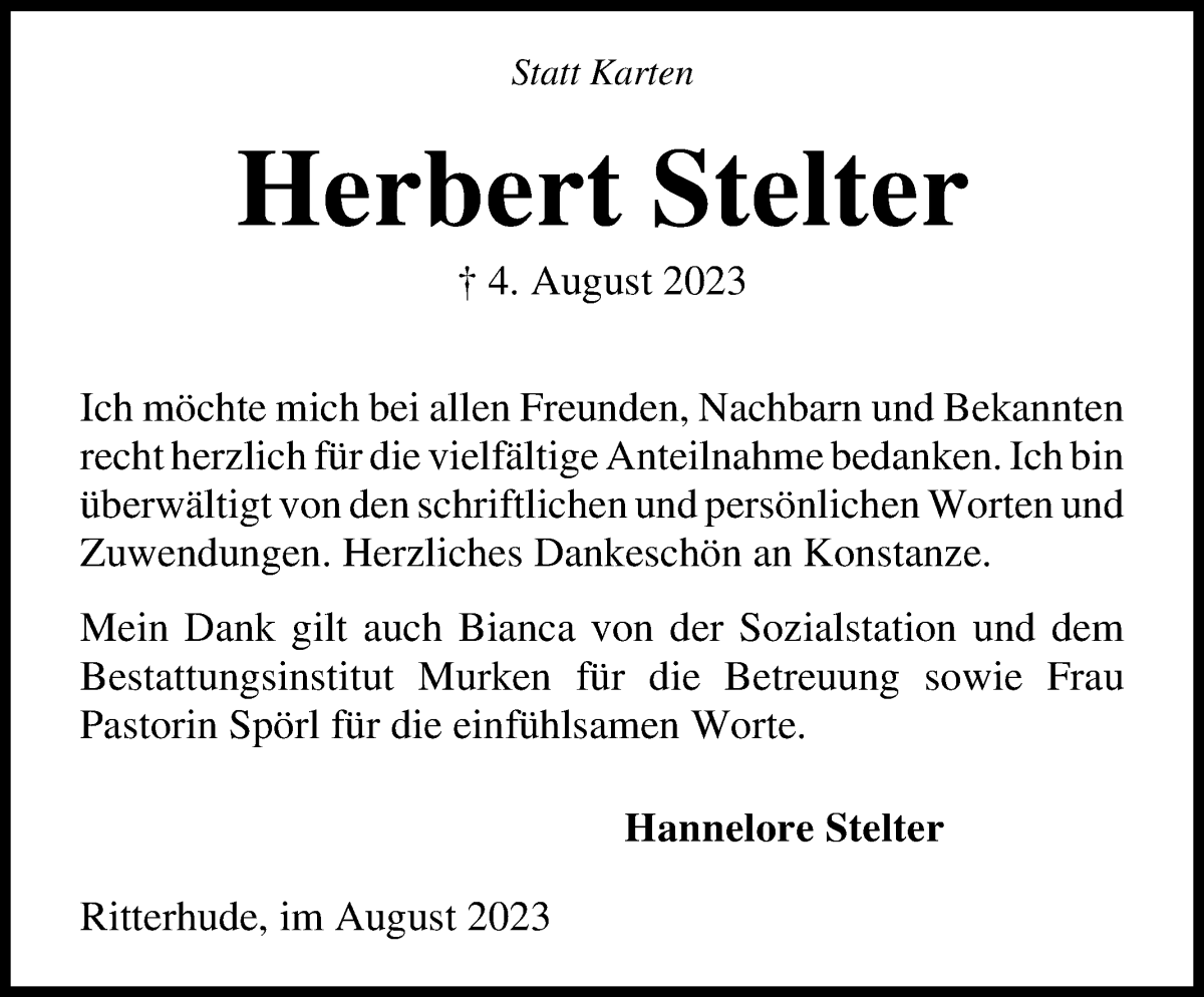 Traueranzeigen von Herbert Stelter | Trauer & Gedenken