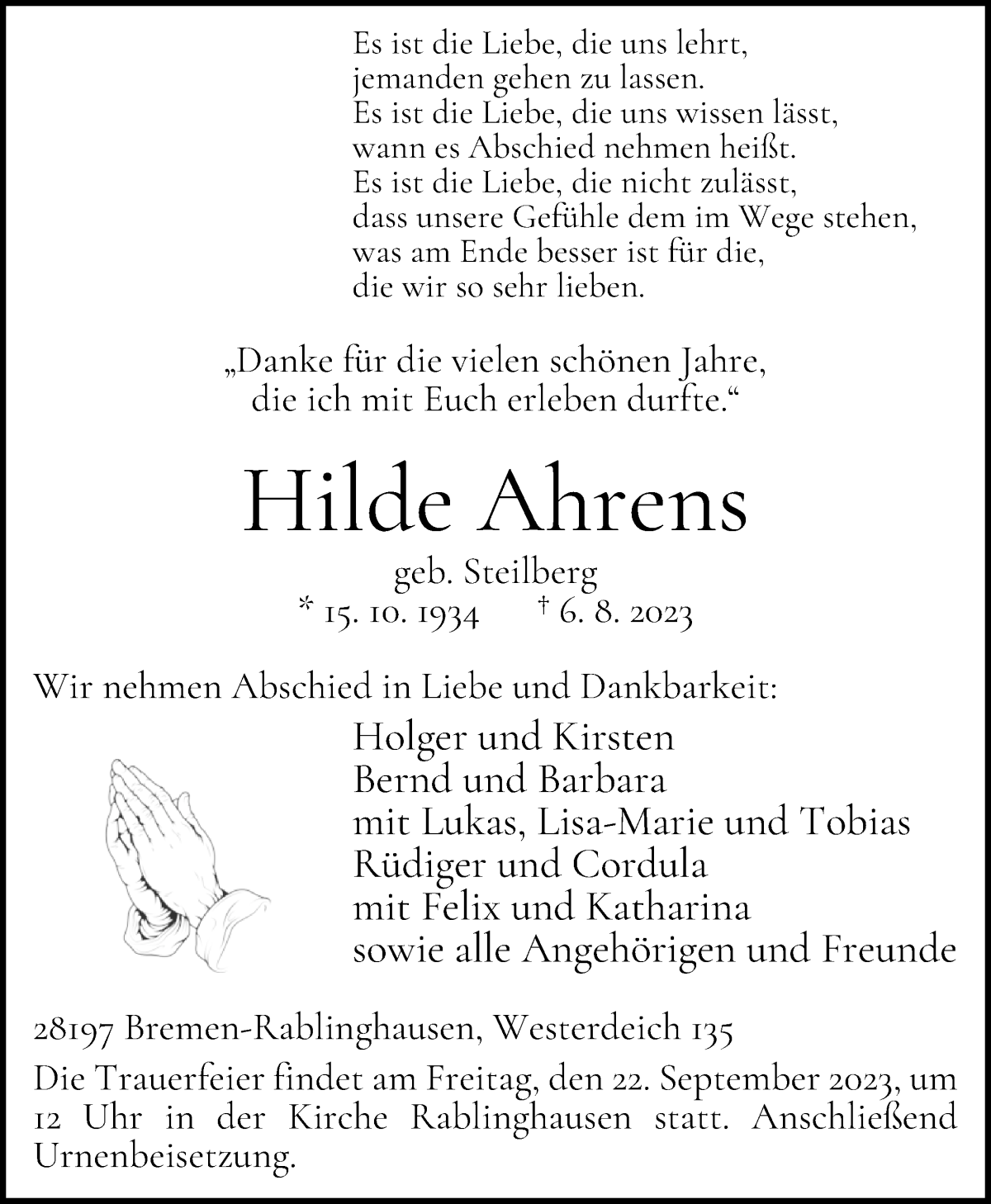 Traueranzeige von Hilde Ahrens von WESER-KURIER
